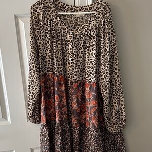 ODDY Long Sleeve Dress with Leopard and Floral Patterns